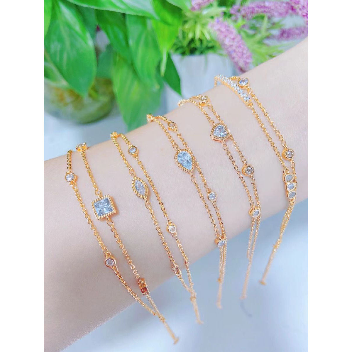 Two Layered Princess Cut Cubic Zirconia 18k Gold Copper Bracelet Women