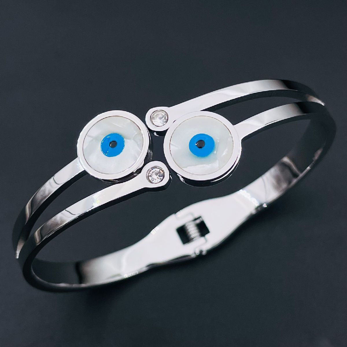 Stainless Steel Evil Eye Mother of Pearl 18K Gold Openable Kada for Women