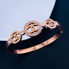 Luxury Round Rose Gold American Diamonds Stainless Steel Openable Bangle Kada Women