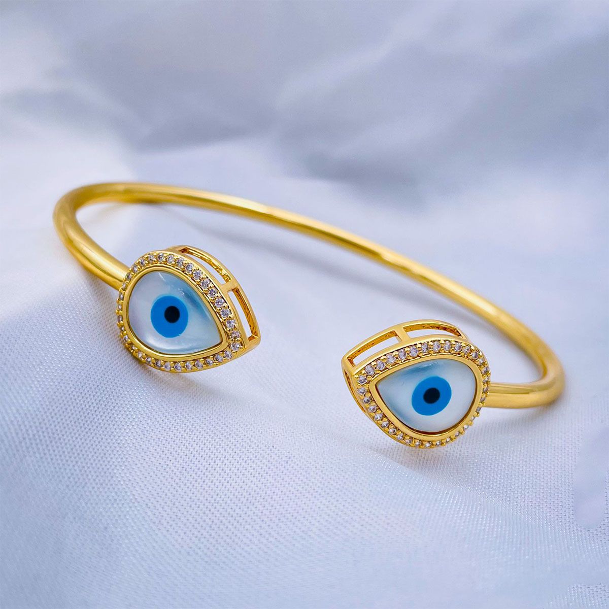 Pear Evil Eye Mother Of Pearl 18K Gold Copper Cuff Bangle For Women