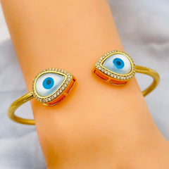 Pear Evil Eye Mother Of Pearl 18K Gold Copper Cuff Bangle For Women
