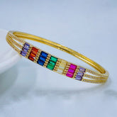 Rainbow Multi Colour Baguette Cubic Zirconia 18K Gold Copper Kada Bangle For Women