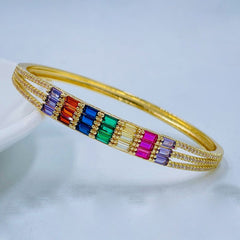 Rainbow Multi Colour Baguette Cubic Zirconia 18K Gold Copper Kada Bangle For Women