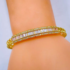 Baguette Cubic Zirconia Curb 18K Gold Copper Cuff Bangle Bracelet For Women