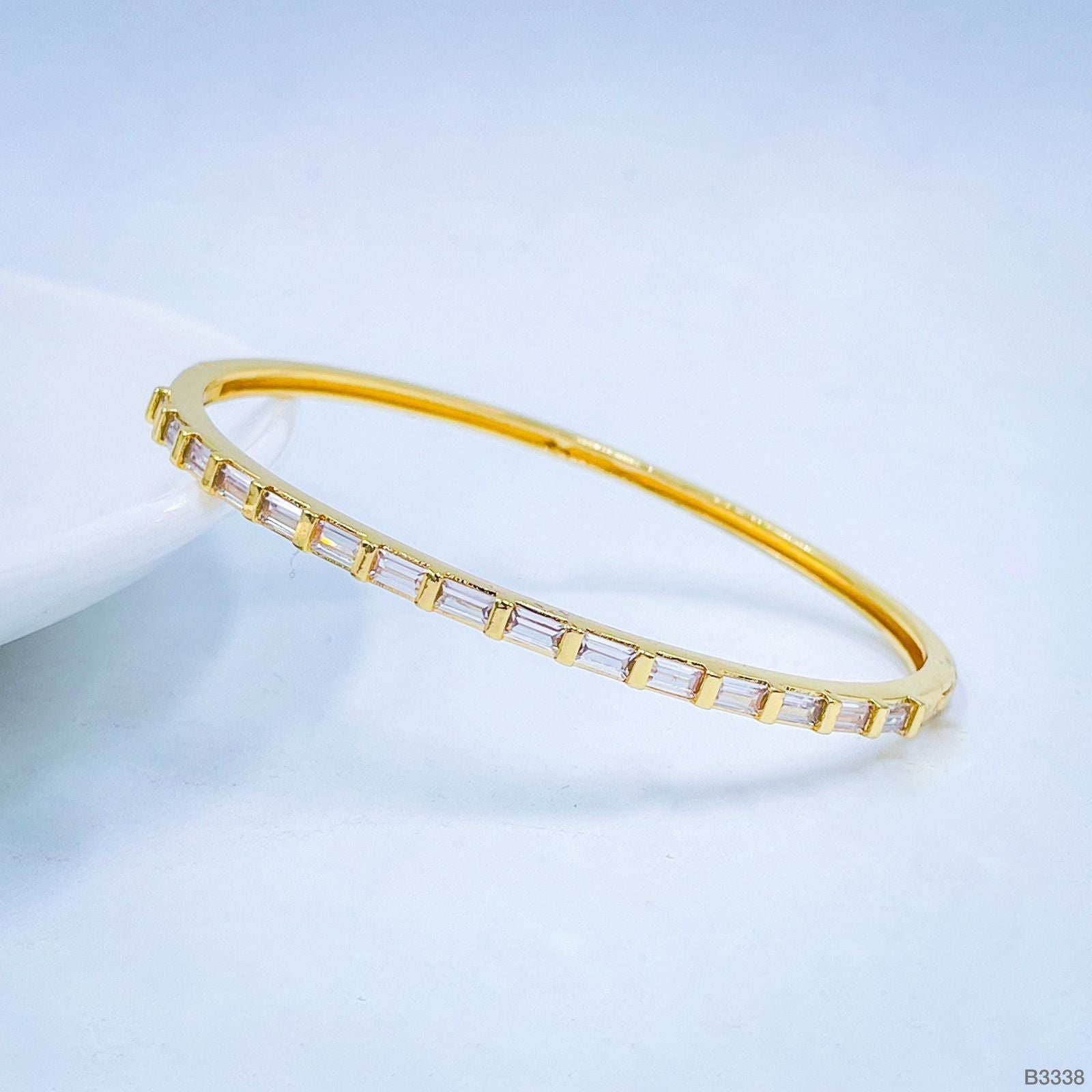 Slim Baguette Cubic Zirconia 18K Gold Copper Openable Kada Bangle For Women