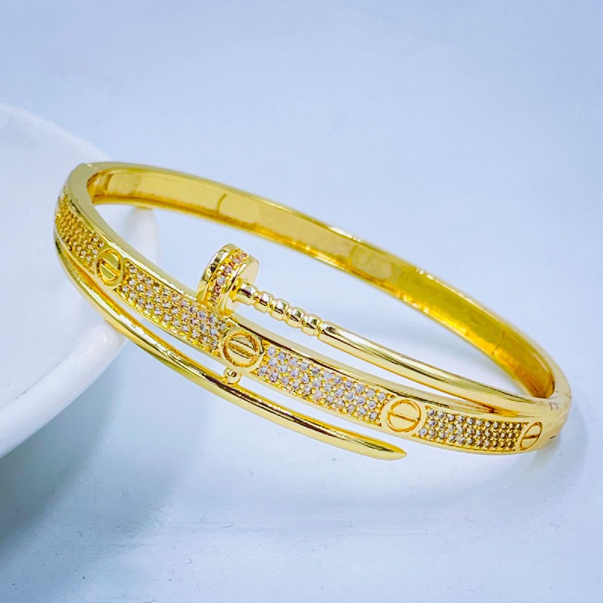 Double Layer Screw Nail Cubic Zirconia 18K Gold Copper Openable Kada Bangle For Women