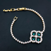 Emerald Green Clover Flower Cubic Zirconia 18K Gold Solitaire Bracelet for Women