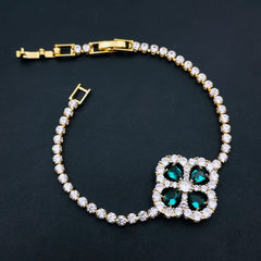 Emerald Green Clover Flower Cubic Zirconia 18K Gold Solitaire Bracelet for Women