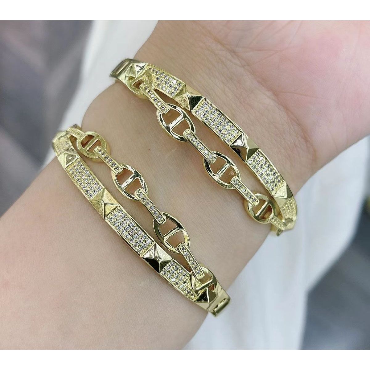 Dual Luxury CZ 18K Gold Anti Tarnish Openable Kada Bracelet