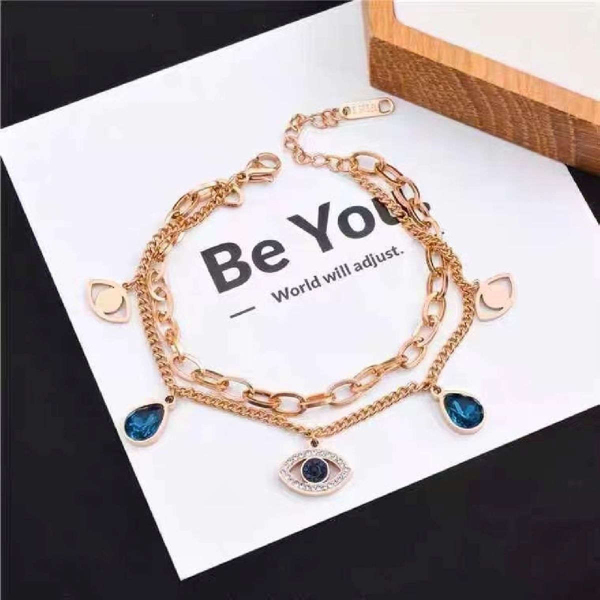 Evil Eye Crystals Layered 18K Rose Gold Links Chain Bracelet
