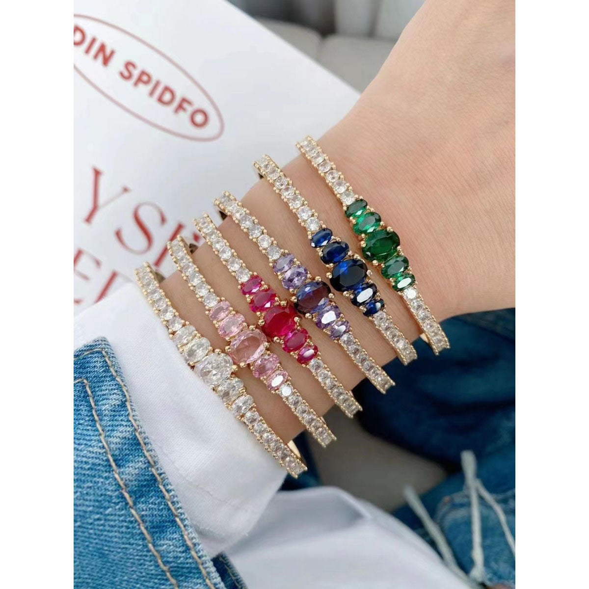 Multi Color Rainbow Oval Cubic Zirconia 18K Gold Cuff Bangle for Women