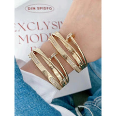 Screw Nail Dual Layer Cubic Zirconia 18K Gold Openable Kada Bangle for Women