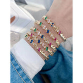 Rainbow Multi Color Baguette 18K Gold Copper Free Size Cuff Bangle for Women