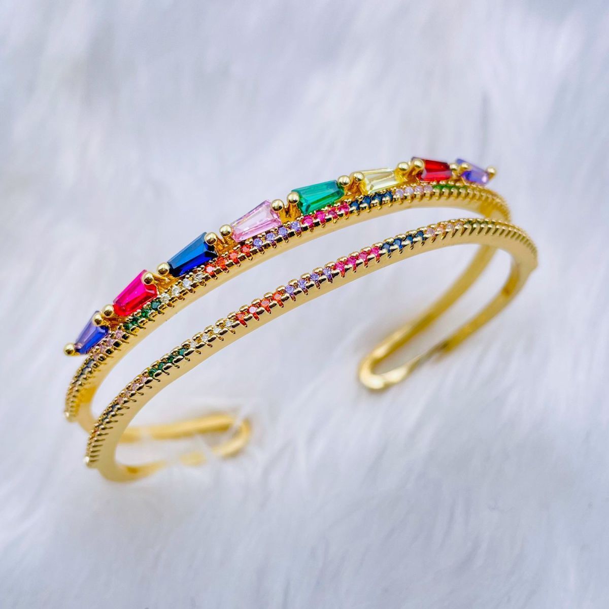 Multi Color Rainbow Dual Layer 18K Gold Copper Cuff Bangle for Women