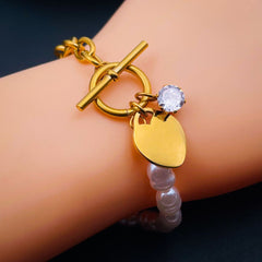 Heart Love Solitaire Pearl Links Toggle Clasp 18K Gold Stainless Steel Bracelet Women