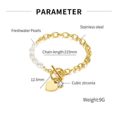 Heart Love Solitaire Pearl Links Toggle Clasp 18K Gold Stainless Steel Bracelet Women