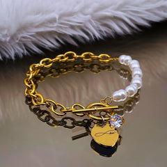 Heart Love Solitaire Pearl Links Toggle Clasp 18K Gold Stainless Steel Bracelet Women