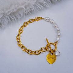 Heart Love Solitaire Pearl Links Toggle Clasp 18K Gold Stainless Steel Bracelet Women