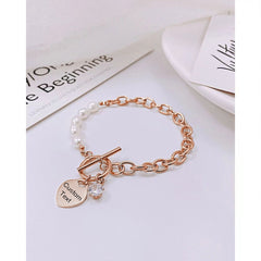 Heart Love Solitaire Pearl Links Toggle Clasp 18K Gold Stainless Steel Bracelet Women