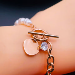 Heart Love Solitaire Pearl Links Toggle Clasp 18K Gold Stainless Steel Bracelet Women