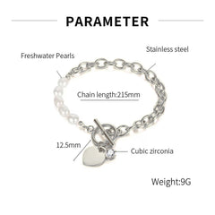 Heart Love Solitaire Pearl Links Toggle Clasp 18K Gold Stainless Steel Bracelet Women