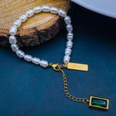 Love Green Emerald Pearl Links Toggle Clasp 18K Gold Stainless Steel Bracelet for Women