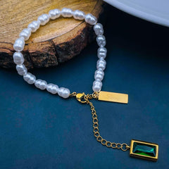 Love Green Emerald Pearl Links Toggle Clasp 18K Gold Stainless Steel Bracelet for Women