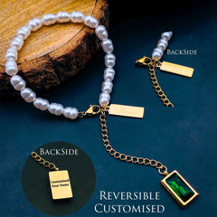 Love Green Emerald Pearl Links Toggle Clasp 18K Gold Stainless Steel Bracelet for Women