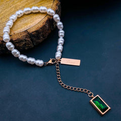 Love Green Emerald Pearl Links Toggle Clasp 18K Gold Stainless Steel Bracelet for Women