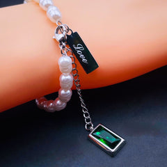 Love Green Emerald Pearl Links Toggle Clasp 18K Gold Stainless Steel Bracelet for Women