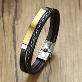 Stainless Steel Gold Black Customized Personalised Laser Engraved Leather Wrist Band ID Bracelet Men