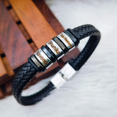 Rope Stainless Steel Silver Black Customized Personalised Laser Engraved Wrist Band Leather ID Bracelet For Men