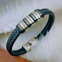 Rope Stainless Steel Silver Black Customized Personalised Laser Engraved Wrist Band Leather ID Bracelet For Men