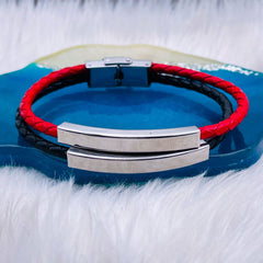 Rope Stainless Steel Black Silver Customized Personalised Laser Engraved Wrist Band Leather ID Bracelet For Men