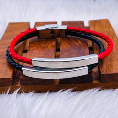 Rope Stainless Steel Black Silver Customized Personalised Laser Engraved Wrist Band Leather ID Bracelet For Men