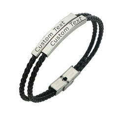 Rope Stainless Steel Black Silver Customized Personalised Laser Engraved Wrist Band Leather ID Bracelet For Men