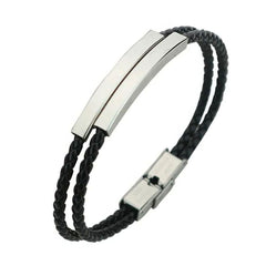 Rope Stainless Steel Black Silver Customized Personalised Laser Engraved Wrist Band Leather ID Bracelet For Men