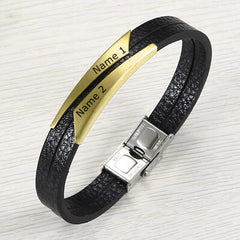 Geometric Stainless Steel Gold Black Customized Personalised Laser Engraved Wrist Band Leather Bracelet For Men
