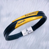 Geometric Stainless Steel Gold Black Customized Personalised Laser Engraved Wrist Band Leather Bracelet For Men