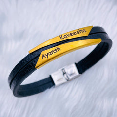 Geometric Stainless Steel Gold Black Customized Personalised Laser Engraved Wrist Band Leather Bracelet For Men