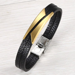 Geometric Stainless Steel Gold Black Customized Personalised Laser Engraved Wrist Band Leather Bracelet For Men