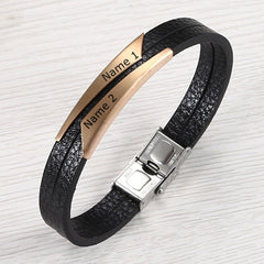 Geometric Stainless Steel Gold Black Customized Personalised Laser Engraved Wrist Band Leather Bracelet For Men