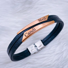 Geometric Stainless Steel Gold Black Customized Personalised Laser Engraved Wrist Band Leather Bracelet For Men