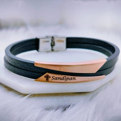 Geometric Stainless Steel Gold Black Customized Personalised Laser Engraved Wrist Band Leather Bracelet For Men