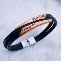 Geometric Stainless Steel Gold Black Customized Personalised Laser Engraved Wrist Band Leather Bracelet For Men
