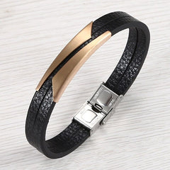 Geometric Stainless Steel Gold Black Customized Personalised Laser Engraved Wrist Band Leather Bracelet For Men