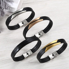 Geometric Stainless Steel Gold Black Customized Personalised Laser Engraved Wrist Band Leather Bracelet For Men