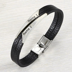 Geometric Stainless Steel Gold Black Customized Personalised Laser Engraved Wrist Band Leather Bracelet For Men