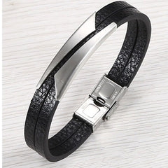 Geometric Stainless Steel Gold Black Customized Personalised Laser Engraved Wrist Band Leather Bracelet For Men