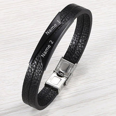 Geometric Stainless Steel Gold Black Customized Personalised Laser Engraved Wrist Band Leather Bracelet For Men